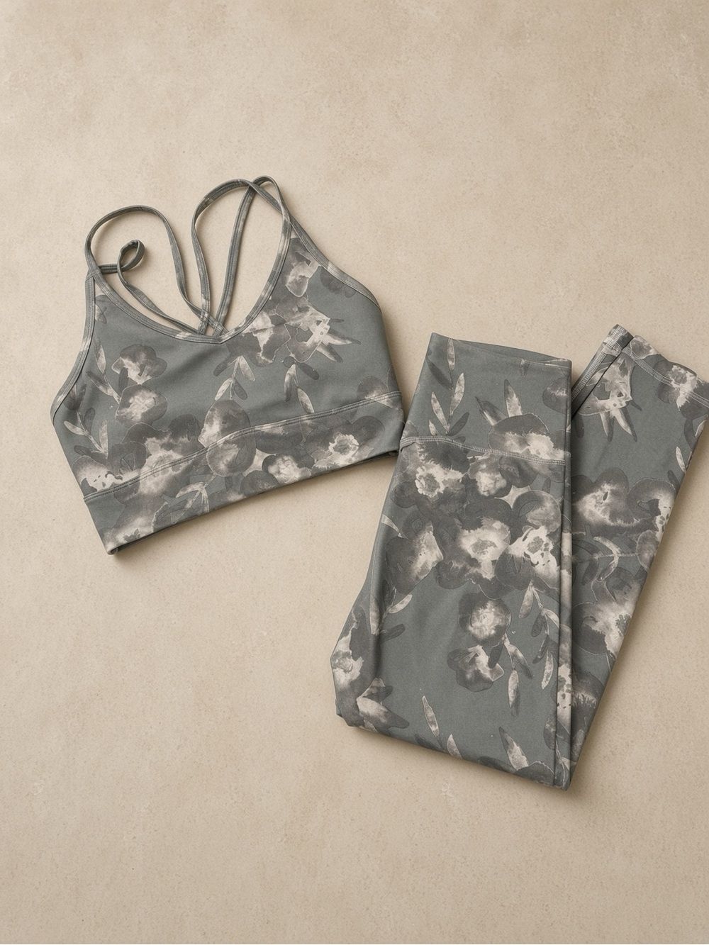Floral Print Strappy Sports Bra and Legging Set - Gray